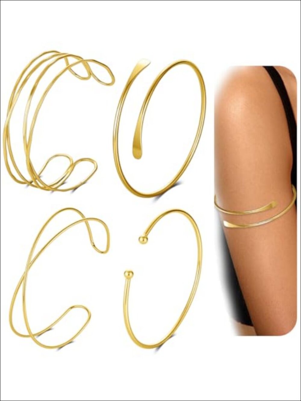 4Pc 14K Gold Plated Minimalist Upper Arm Cuff Bracelet Set Adjustable